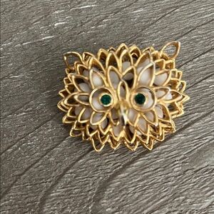 Vintage Kramer Elegant Gold and White Owl Brooch with Green Eye Accents